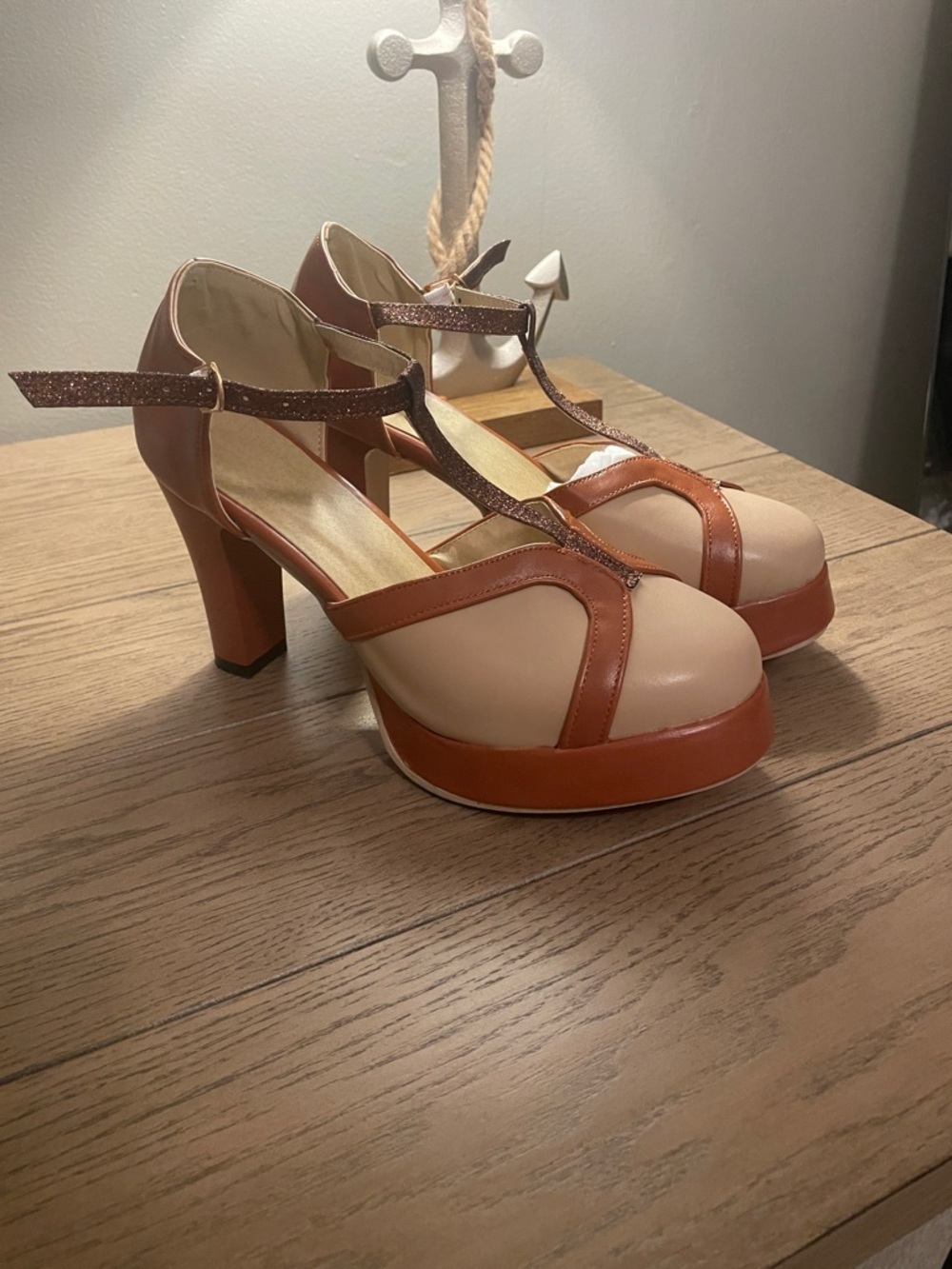 Women’s T-Strap Platform Heels in Beige and Brown